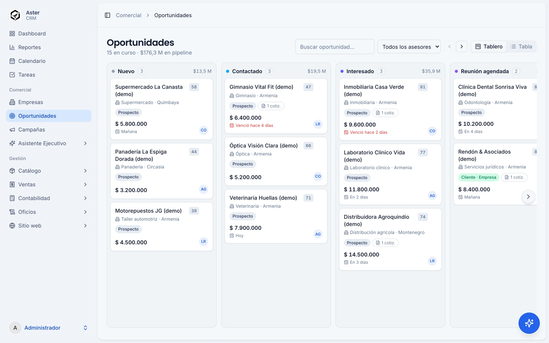 Tablero Kanban de oportunidades por etapa en CRM Aster